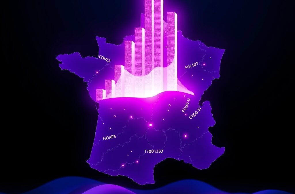 A glowing holographic bar chart rising from a stylized map of France, with luminous data points and gradient purple-to-blue tones, abstract digital landscape, no text no letters no words no numbers, clean modern editorial illustration style