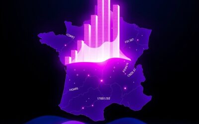A glowing holographic bar chart rising from a stylized map of France, with luminous data points and gradient purple-to-blue tones, abstract digital landscape, no text no letters no words no numbers, clean modern editorial illustration style