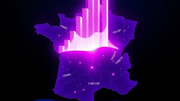 A glowing holographic bar chart rising from a stylized map of France, with luminous data points and gradient purple-to-blue tones, abstract digital landscape, no text no letters no words no numbers, clean modern editorial illustration style