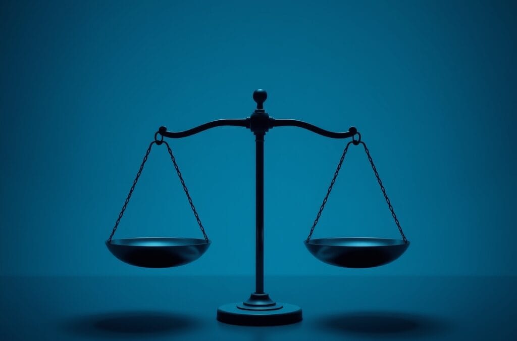 Cinematic editorial illustration of AI bias and workplace equality, dark navy and blue palette, abstract scales symbolizing fairness and data analysis, no text no letters no words no writing no signs no labels no watermarks no logos no typography no numbers on surfaces