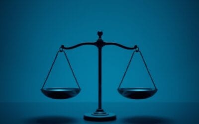 Cinematic editorial illustration of AI bias and workplace equality, dark navy and blue palette, abstract scales symbolizing fairness and data analysis, no text no letters no words no writing no signs no labels no watermarks no logos no typography no numbers on surfaces