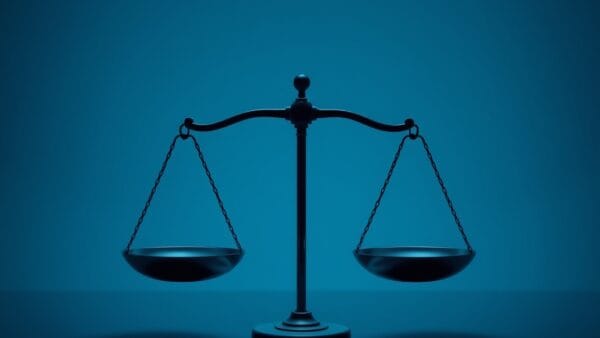 Cinematic editorial illustration of AI bias and workplace equality, dark navy and blue palette, abstract scales symbolizing fairness and data analysis, no text no letters no words no writing no signs no labels no watermarks no logos no typography no numbers on surfaces