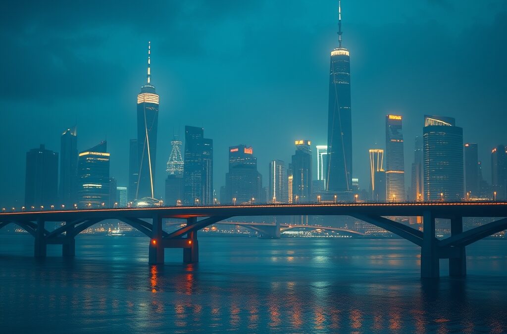 a futuristic bridge connecting two glowing city skylines representing East and West with holographic data flowing between them, cinematic editorial photography, dark navy and electric blue with amber accents, no text no letters no words no writing no signs no labels no watermarks no logos no typography no numbers on surfaces