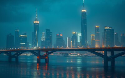 a futuristic bridge connecting two glowing city skylines representing East and West with holographic data flowing between them, cinematic editorial photography, dark navy and electric blue with amber accents, no text no letters no words no writing no signs no labels no watermarks no logos no typography no numbers on surfaces