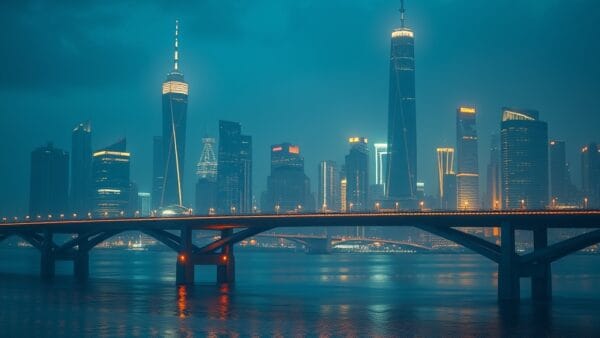 a futuristic bridge connecting two glowing city skylines representing East and West with holographic data flowing between them, cinematic editorial photography, dark navy and electric blue with amber accents, no text no letters no words no writing no signs no labels no watermarks no logos no typography no numbers on surfaces