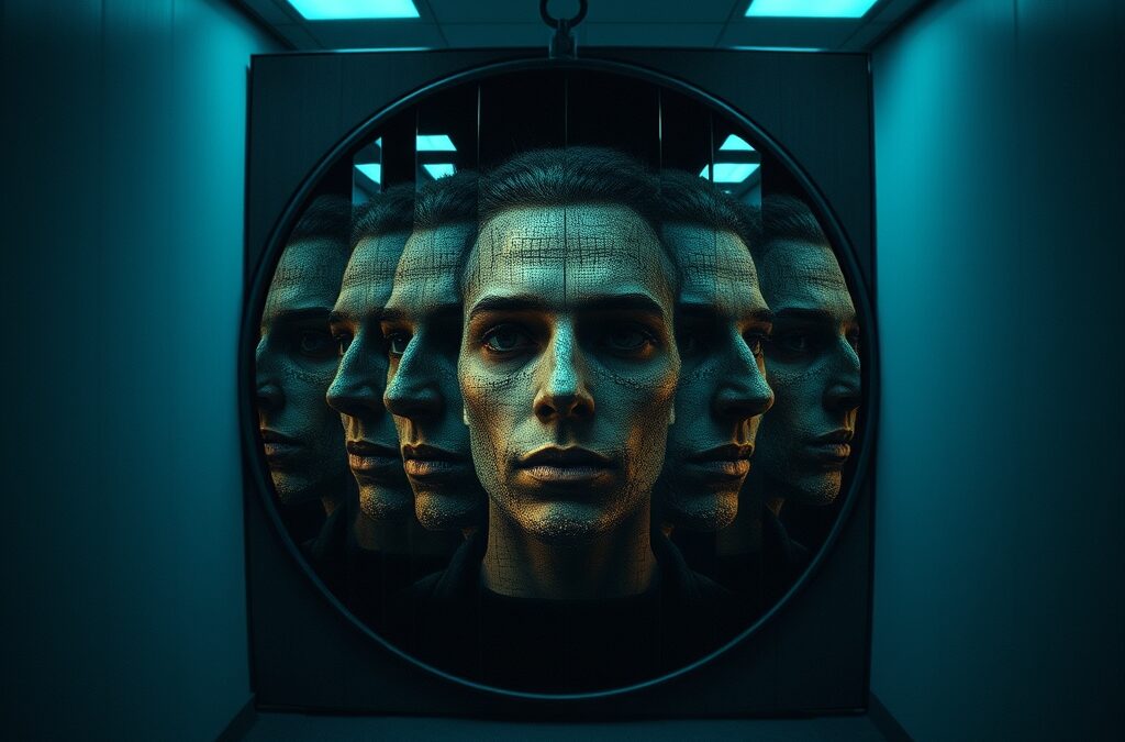 a fractured mirror reflecting multiple distorted faces made of digital pixels in a dark surveillance room, cinematic editorial photography, blue institutional and gold palette, no text no letters no words no writing no signs no labels no watermarks no logos no typography no numbers on surfaces