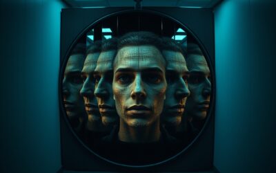 a fractured mirror reflecting multiple distorted faces made of digital pixels in a dark surveillance room, cinematic editorial photography, blue institutional and gold palette, no text no letters no words no writing no signs no labels no watermarks no logos no typography no numbers on surfaces