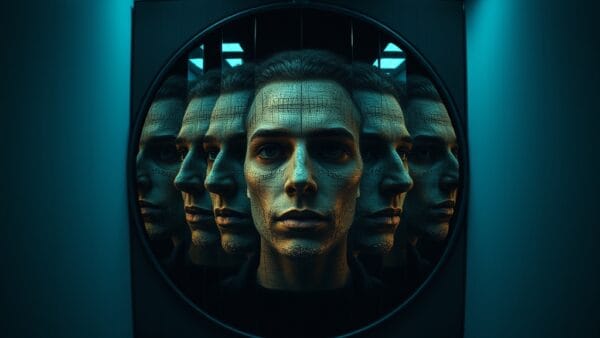 a fractured mirror reflecting multiple distorted faces made of digital pixels in a dark surveillance room, cinematic editorial photography, blue institutional and gold palette, no text no letters no words no writing no signs no labels no watermarks no logos no typography no numbers on surfaces