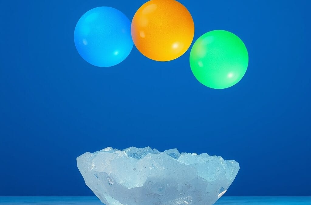 three glowing orbs of different colors blue gold and green floating above an abstract crystalline platform, choice and comparison symbolism, deep sky blue background, cinematic editorial photography, no text no letters no words no writing no signs no labels no watermarks no logos no typography no numbers on surfaces