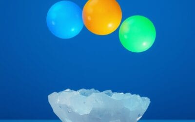 three glowing orbs of different colors blue gold and green floating above an abstract crystalline platform, choice and comparison symbolism, deep sky blue background, cinematic editorial photography, no text no letters no words no writing no signs no labels no watermarks no logos no typography no numbers on surfaces