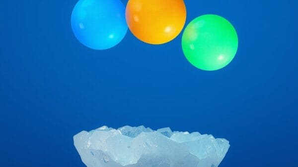 three glowing orbs of different colors blue gold and green floating above an abstract crystalline platform, choice and comparison symbolism, deep sky blue background, cinematic editorial photography, no text no letters no words no writing no signs no labels no watermarks no logos no typography no numbers on surfaces