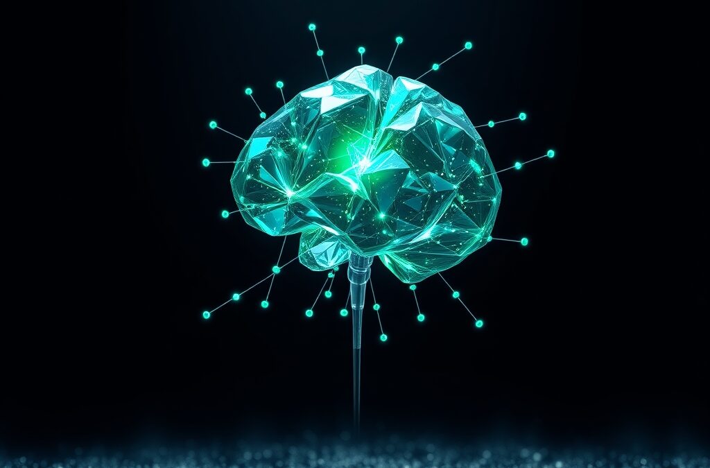 Abstract autonomous AI agent concept with a luminous emerald green and electric blue crystalline structure floating in dark space, interconnected glowing nodes forming a brain-like network, holographic keyboard keys scattered around the central structure, cinematic editorial photography, dark navy background with soft bokeh particles, dramatic rim lighting, subject in upper two-thirds with dark gradient at bottom, no text, no letters, no words, no writing, no signs, no labels, no watermarks, no logos, no typography, no numbers on surfaces