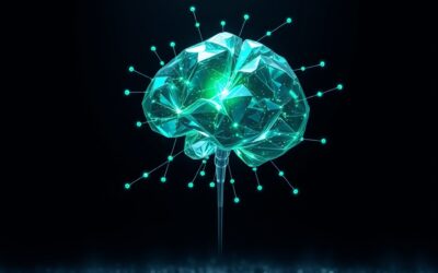 Abstract autonomous AI agent concept with a luminous emerald green and electric blue crystalline structure floating in dark space, interconnected glowing nodes forming a brain-like network, holographic keyboard keys scattered around the central structure, cinematic editorial photography, dark navy background with soft bokeh particles, dramatic rim lighting, subject in upper two-thirds with dark gradient at bottom, no text, no letters, no words, no writing, no signs, no labels, no watermarks, no logos, no typography, no numbers on surfaces