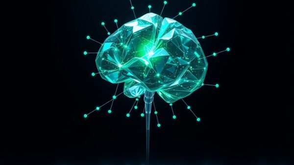 Abstract autonomous AI agent concept with a luminous emerald green and electric blue crystalline structure floating in dark space, interconnected glowing nodes forming a brain-like network, holographic keyboard keys scattered around the central structure, cinematic editorial photography, dark navy background with soft bokeh particles, dramatic rim lighting, subject in upper two-thirds with dark gradient at bottom, no text, no letters, no words, no writing, no signs, no labels, no watermarks, no logos, no typography, no numbers on surfaces