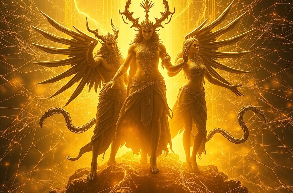 Mythological figures merging with neural network architecture, ethereal golden light cascading through cosmic digital space, power and transcendence motif, cinematic fantasy-sci-fi blend, no text, no letters, no words, no writing, no signs, no labels, no watermarks, no logos, no typography, no numbers on surfaces