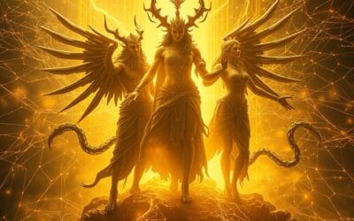 Mythological figures merging with neural network architecture, ethereal golden light cascading through cosmic digital space, power and transcendence motif, cinematic fantasy-sci-fi blend, no text, no letters, no words, no writing, no signs, no labels, no watermarks, no logos, no typography, no numbers on surfaces