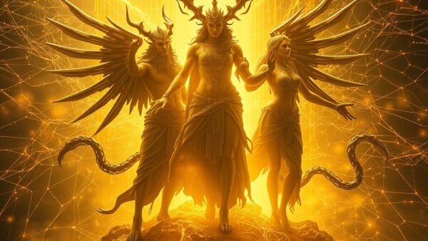 Mythological figures merging with neural network architecture, ethereal golden light cascading through cosmic digital space, power and transcendence motif, cinematic fantasy-sci-fi blend, no text, no letters, no words, no writing, no signs, no labels, no watermarks, no logos, no typography, no numbers on surfaces