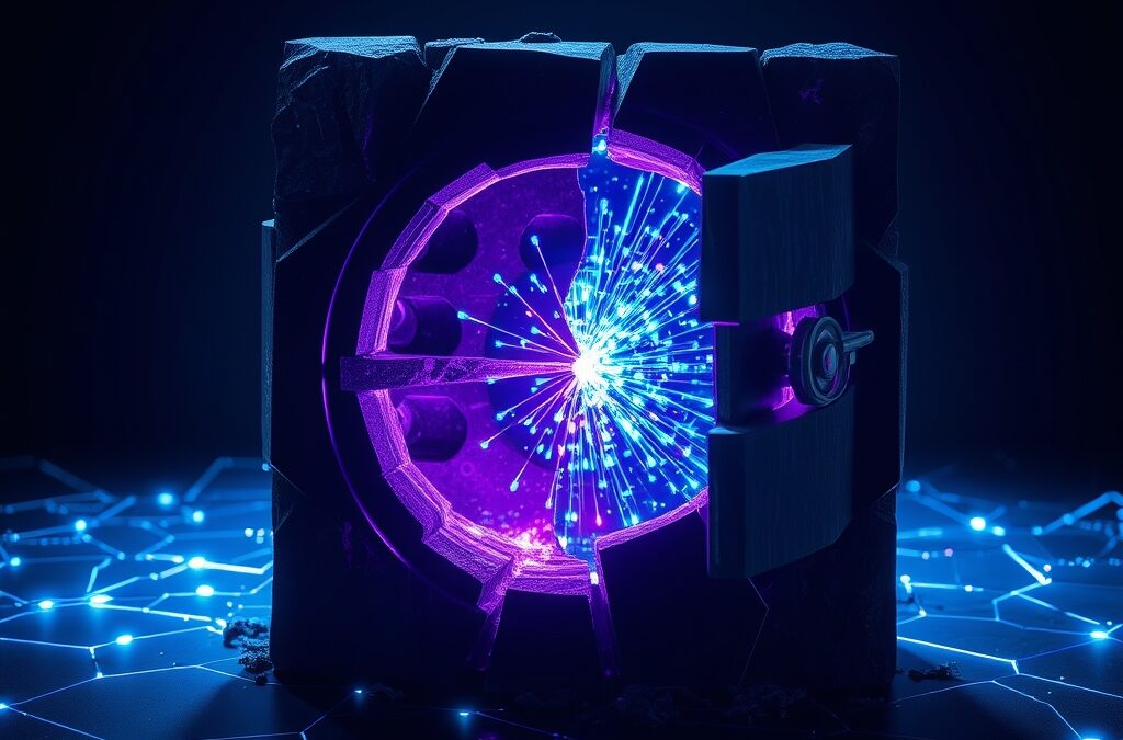 A cracked digital vault releasing streams of glowing blue and purple data particles into dark space, abstract cybersecurity concept, shattered crystalline structure with energy leaking out, cinematic dramatic lighting, dark navy background with electric blue and violet accents, volumetric light rays, editorial photography style, no text, no letters, no words, no writing, no signs, no labels, no watermarks, no logos, no typography, no numbers on surfaces