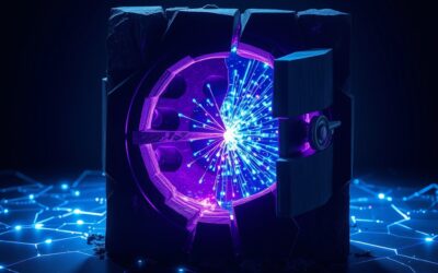 A cracked digital vault releasing streams of glowing blue and purple data particles into dark space, abstract cybersecurity concept, shattered crystalline structure with energy leaking out, cinematic dramatic lighting, dark navy background with electric blue and violet accents, volumetric light rays, editorial photography style, no text, no letters, no words, no writing, no signs, no labels, no watermarks, no logos, no typography, no numbers on surfaces