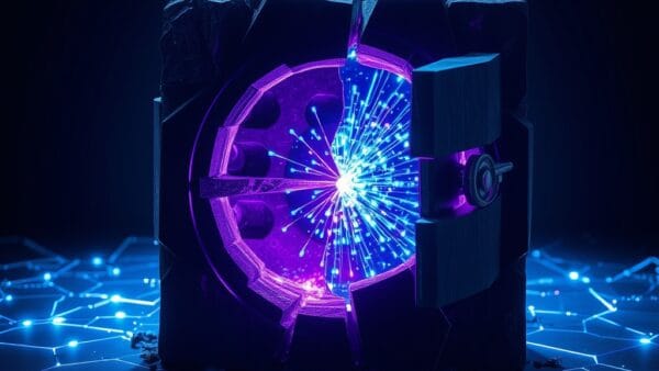 A cracked digital vault releasing streams of glowing blue and purple data particles into dark space, abstract cybersecurity concept, shattered crystalline structure with energy leaking out, cinematic dramatic lighting, dark navy background with electric blue and violet accents, volumetric light rays, editorial photography style, no text, no letters, no words, no writing, no signs, no labels, no watermarks, no logos, no typography, no numbers on surfaces