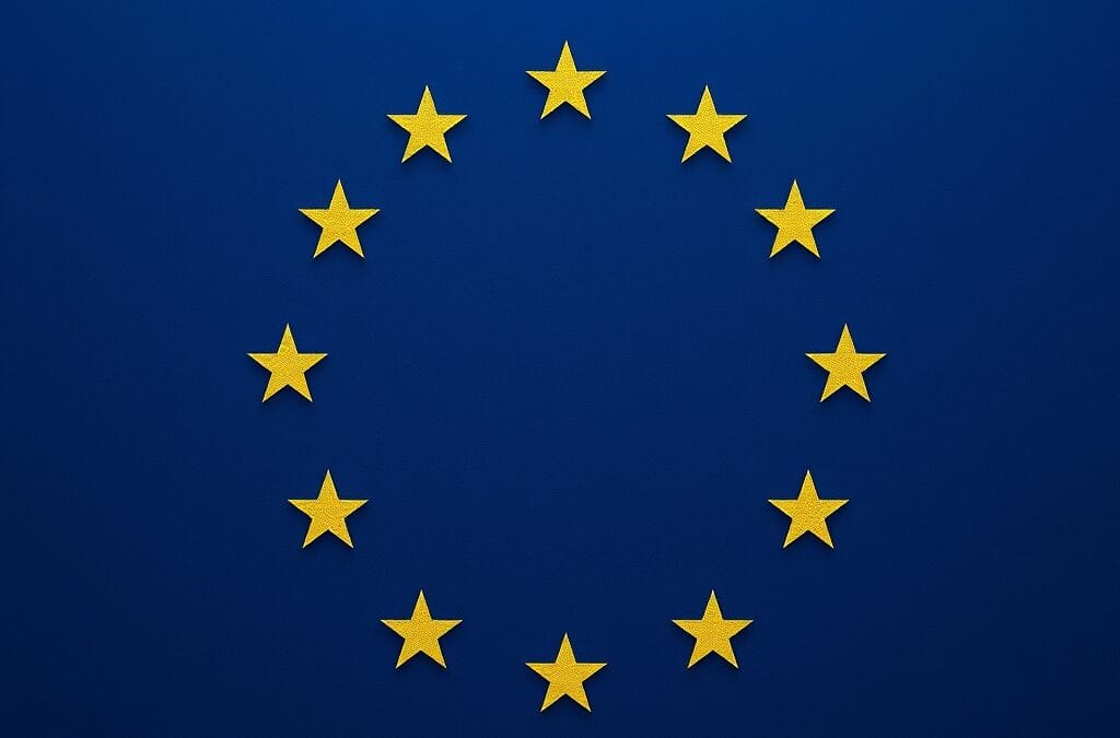 cinematic editorial dark navy blue legal document aesthetic, EU flag colors, AI-generated content icon symbol, marking labels, transparent layers, modern governance visual, no text no letters no words no writing no signs no labels no watermarks no logos no typography no numbers on surfaces