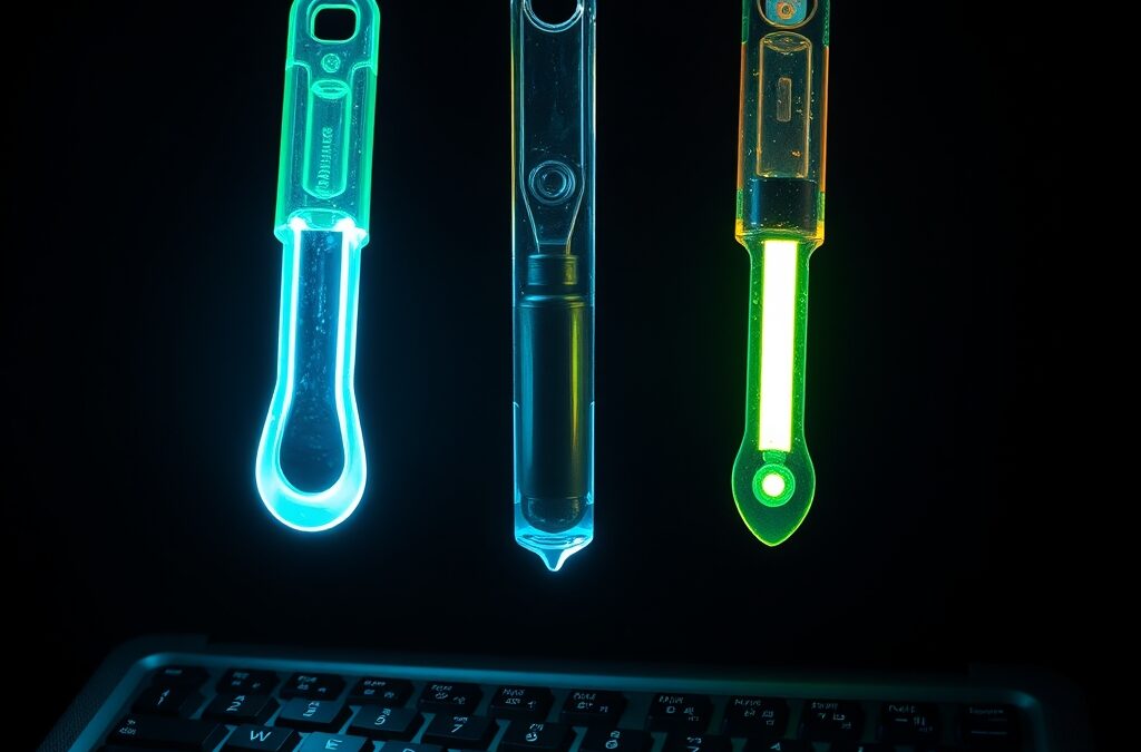 three distinct glowing tools floating side by side above a keyboard each emitting different colored light beams, cinematic editorial photography, emerald green and blue palette, no text no letters no words no writing no signs no labels no watermarks no logos no typography no numbers on surfaces