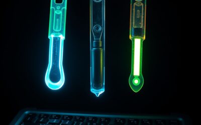 three distinct glowing tools floating side by side above a keyboard each emitting different colored light beams, cinematic editorial photography, emerald green and blue palette, no text no letters no words no writing no signs no labels no watermarks no logos no typography no numbers on surfaces