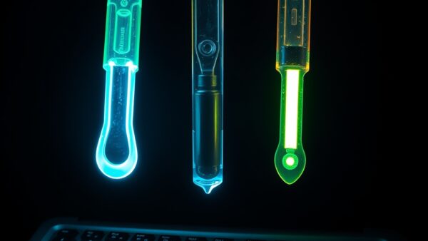 three distinct glowing tools floating side by side above a keyboard each emitting different colored light beams, cinematic editorial photography, emerald green and blue palette, no text no letters no words no writing no signs no labels no watermarks no logos no typography no numbers on surfaces