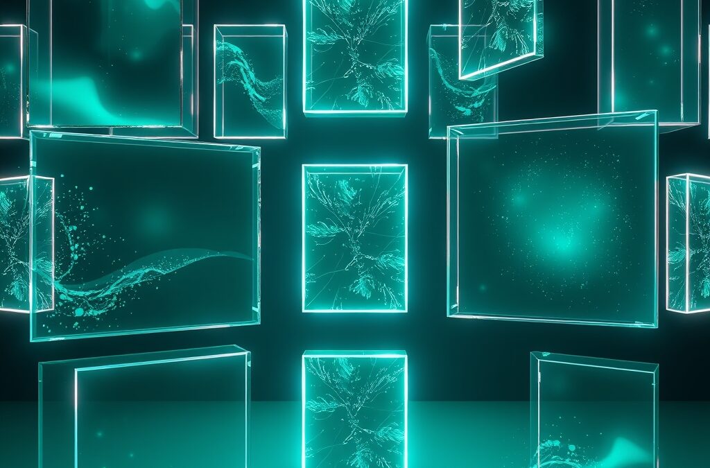 a gallery of floating holographic frames each showing a different abstract art style created by light and particles, cinematic editorial photography, emerald green and blue palette, no text no letters no words no writing no signs no labels no watermarks no logos no typography no numbers on surfaces