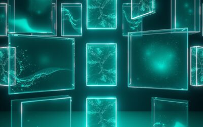 a gallery of floating holographic frames each showing a different abstract art style created by light and particles, cinematic editorial photography, emerald green and blue palette, no text no letters no words no writing no signs no labels no watermarks no logos no typography no numbers on surfaces
