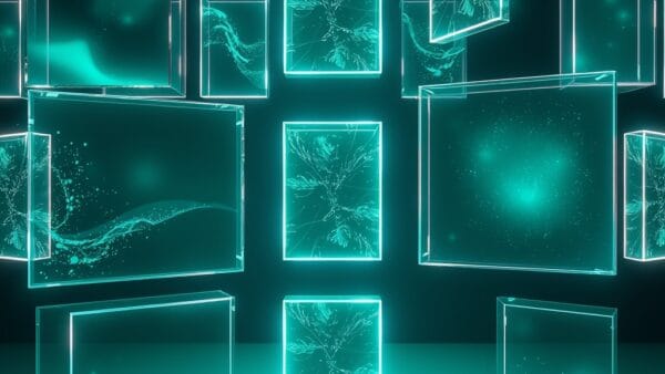 a gallery of floating holographic frames each showing a different abstract art style created by light and particles, cinematic editorial photography, emerald green and blue palette, no text no letters no words no writing no signs no labels no watermarks no logos no typography no numbers on surfaces