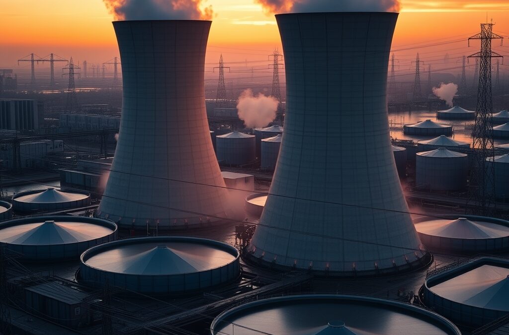 a massive data center with cooling towers releasing steam surrounded by water reservoirs and power lines at sunset, cinematic editorial photography, amber warm and blue industrial palette, no text no letters no words no writing no signs no labels no watermarks no logos no typography no numbers on surfaces