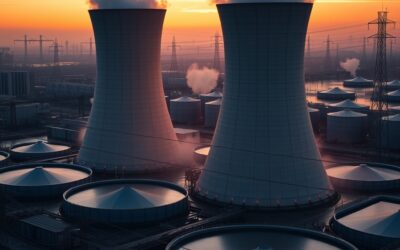 a massive data center with cooling towers releasing steam surrounded by water reservoirs and power lines at sunset, cinematic editorial photography, amber warm and blue industrial palette, no text no letters no words no writing no signs no labels no watermarks no logos no typography no numbers on surfaces