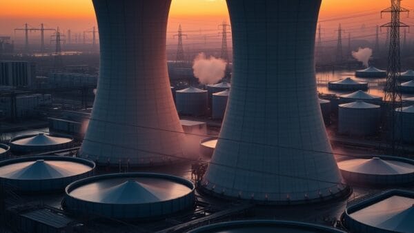 a massive data center with cooling towers releasing steam surrounded by water reservoirs and power lines at sunset, cinematic editorial photography, amber warm and blue industrial palette, no text no letters no words no writing no signs no labels no watermarks no logos no typography no numbers on surfaces