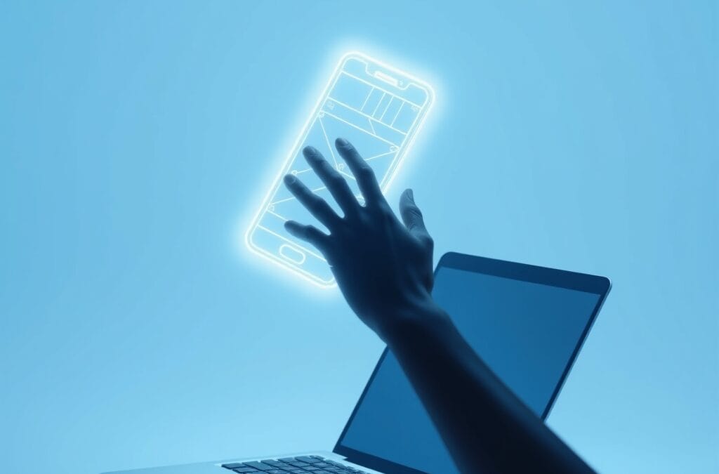 Illustration IA : hologramme d'application mobile créée avec Claude Code