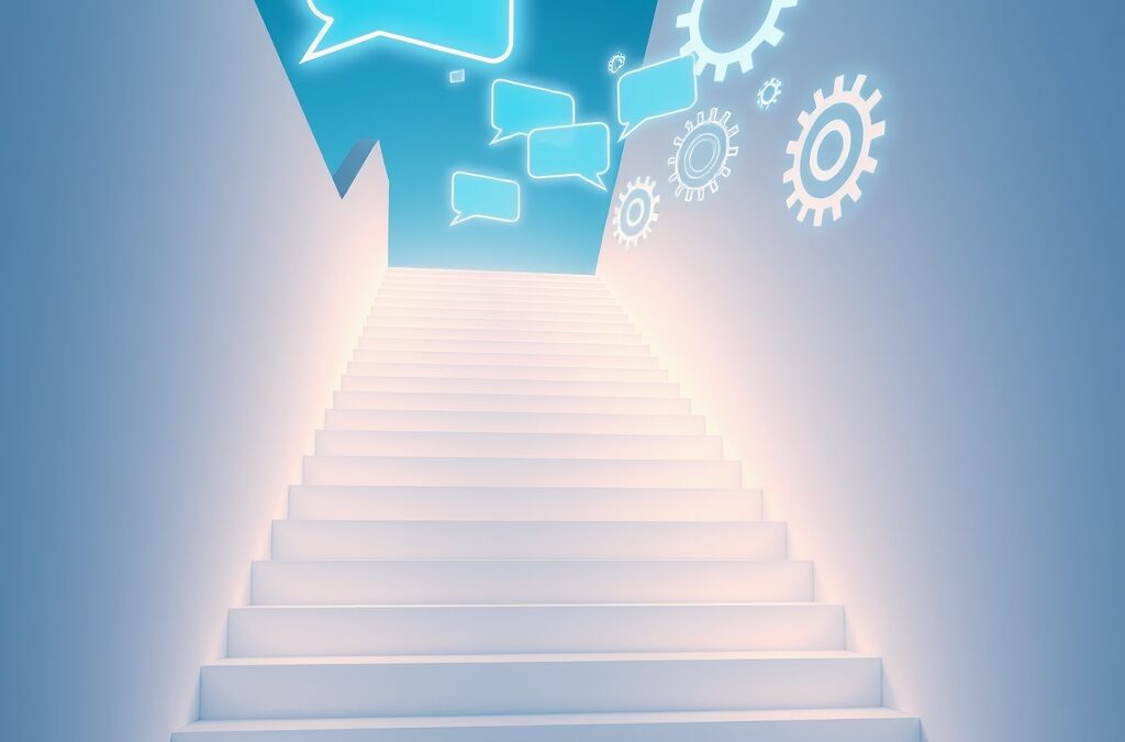 luminous escalier of light steps leading upward with floating holographic chat bubbles and gears representing a chatbot building process, cinematic editorial photography, blue sky and white palette, no text no letters no words no writing no signs no labels no watermarks no logos no typography no numbers on surfaces