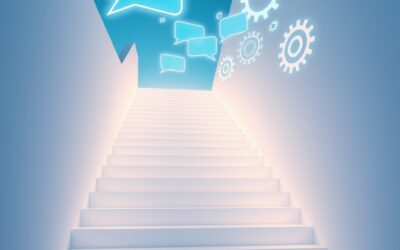 luminous escalier of light steps leading upward with floating holographic chat bubbles and gears representing a chatbot building process, cinematic editorial photography, blue sky and white palette, no text no letters no words no writing no signs no labels no watermarks no logos no typography no numbers on surfaces