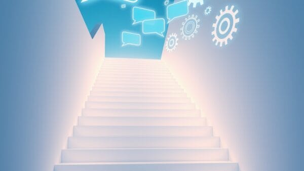 luminous escalier of light steps leading upward with floating holographic chat bubbles and gears representing a chatbot building process, cinematic editorial photography, blue sky and white palette, no text no letters no words no writing no signs no labels no watermarks no logos no typography no numbers on surfaces