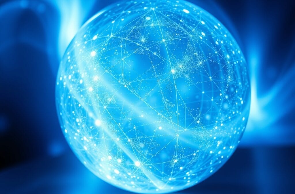 luminous holographic sphere with conversational energy waves emanating outward, abstract blue and white cascading light, cinematic editorial photography, no text no letters no words no writing no signs no labels no watermarks no logos no typography no numbers on surfaces