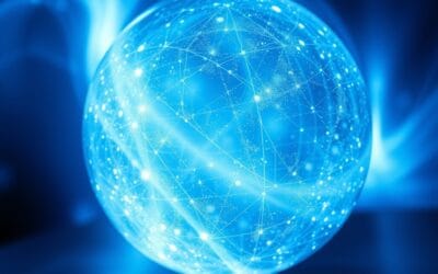 luminous holographic sphere with conversational energy waves emanating outward, abstract blue and white cascading light, cinematic editorial photography, no text no letters no words no writing no signs no labels no watermarks no logos no typography no numbers on surfaces