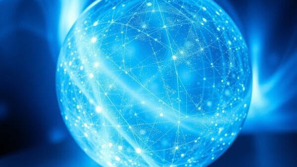 luminous holographic sphere with conversational energy waves emanating outward, abstract blue and white cascading light, cinematic editorial photography, no text no letters no words no writing no signs no labels no watermarks no logos no typography no numbers on surfaces