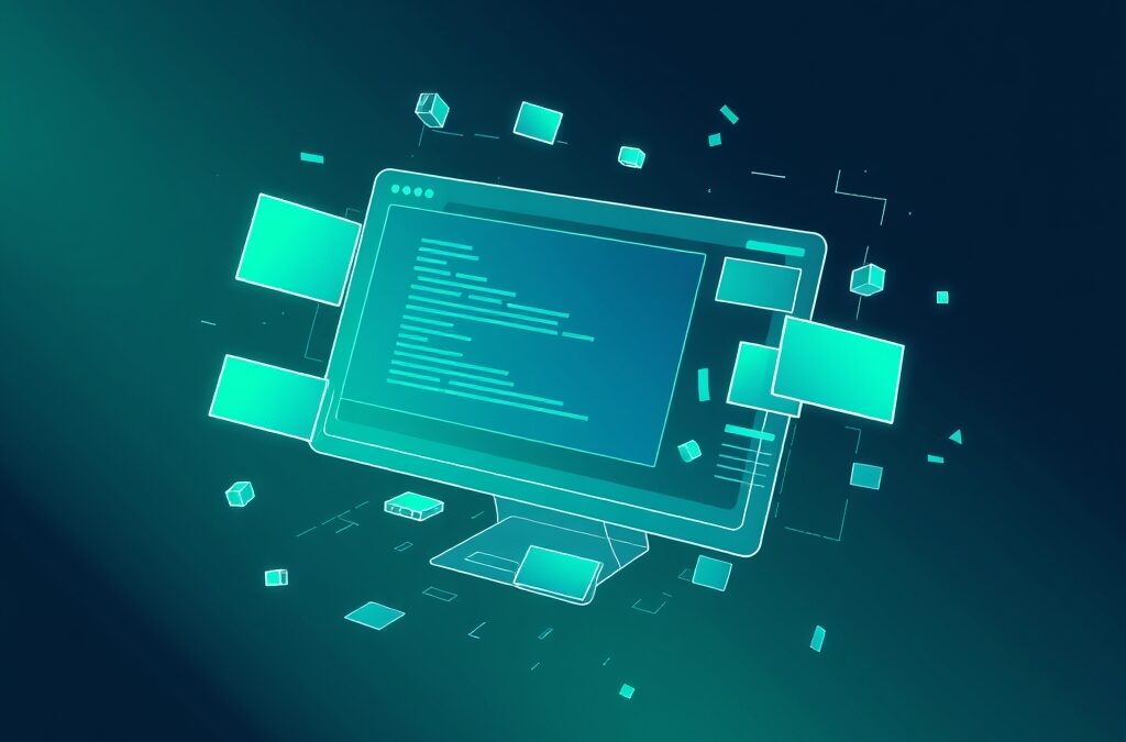 Abstract digital illustration of a website wireframe floating in space with drag-and-drop building blocks assembling themselves, code brackets dissolving into visual design elements, emerald green and electric blue color palette, geometric patterns, gradient background from dark teal to midnight blue, no text no letters no words no typography, modern flat design, clean composition