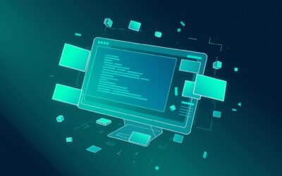 Abstract digital illustration of a website wireframe floating in space with drag-and-drop building blocks assembling themselves, code brackets dissolving into visual design elements, emerald green and electric blue color palette, geometric patterns, gradient background from dark teal to midnight blue, no text no letters no words no typography, modern flat design, clean composition