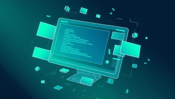 Abstract digital illustration of a website wireframe floating in space with drag-and-drop building blocks assembling themselves, code brackets dissolving into visual design elements, emerald green and electric blue color palette, geometric patterns, gradient background from dark teal to midnight blue, no text no letters no words no typography, modern flat design, clean composition