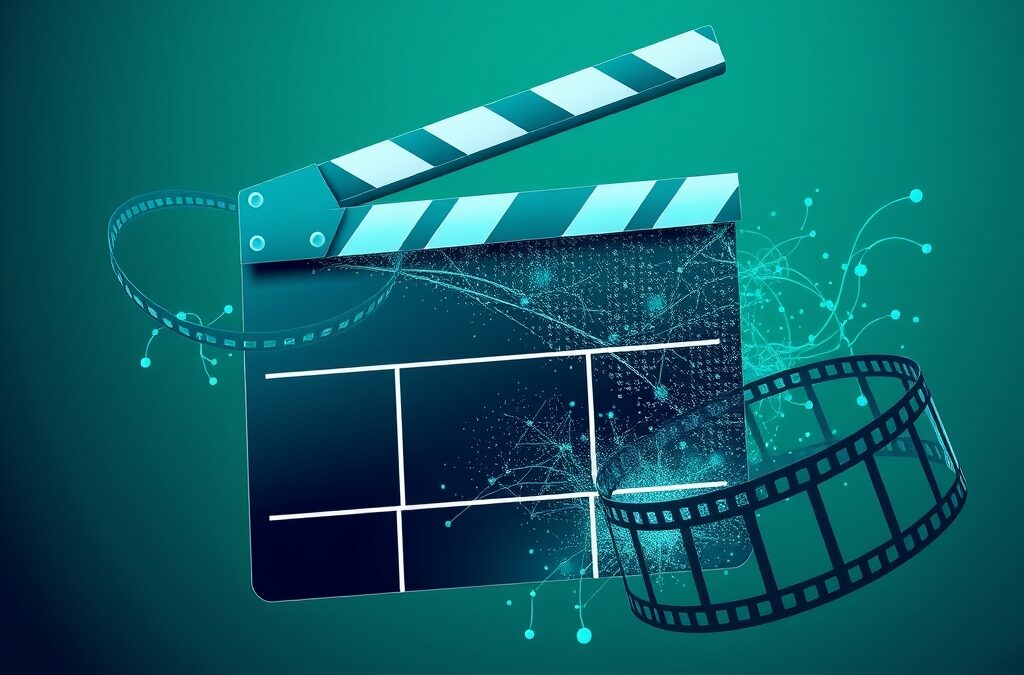 Abstract digital illustration of a cinema clapperboard merging with AI neural network nodes, film strips flowing into digital pixels, emerald green and electric blue color palette, geometric shapes, gradient background from dark teal to deep navy, no text no letters no words no typography, modern minimalist style, clean composition