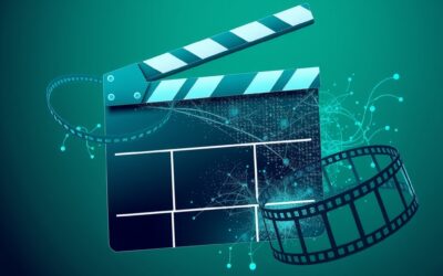 Abstract digital illustration of a cinema clapperboard merging with AI neural network nodes, film strips flowing into digital pixels, emerald green and electric blue color palette, geometric shapes, gradient background from dark teal to deep navy, no text no letters no words no typography, modern minimalist style, clean composition