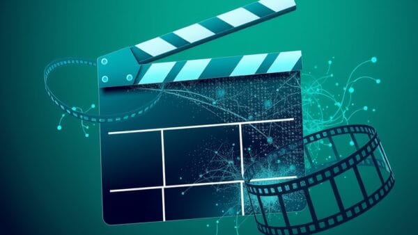 Abstract digital illustration of a cinema clapperboard merging with AI neural network nodes, film strips flowing into digital pixels, emerald green and electric blue color palette, geometric shapes, gradient background from dark teal to deep navy, no text no letters no words no typography, modern minimalist style, clean composition