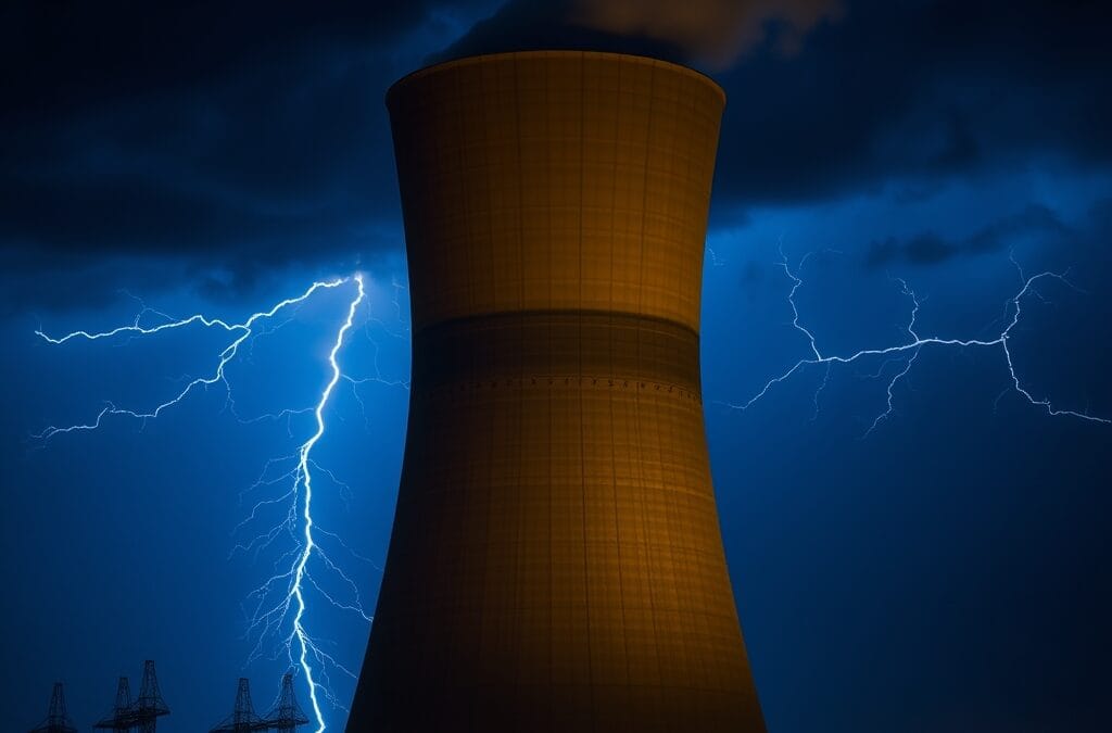 Illustration IA : tour de refroidissement symbolisant la crise énergétique de l'IA