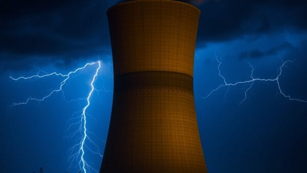 Illustration IA : tour de refroidissement symbolisant la crise énergétique de l'IA