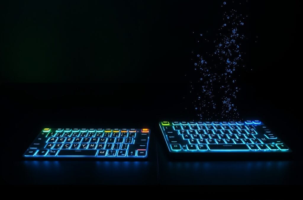 Illustration IA : deux claviers lumineux comparant Cursor et GitHub Copilot